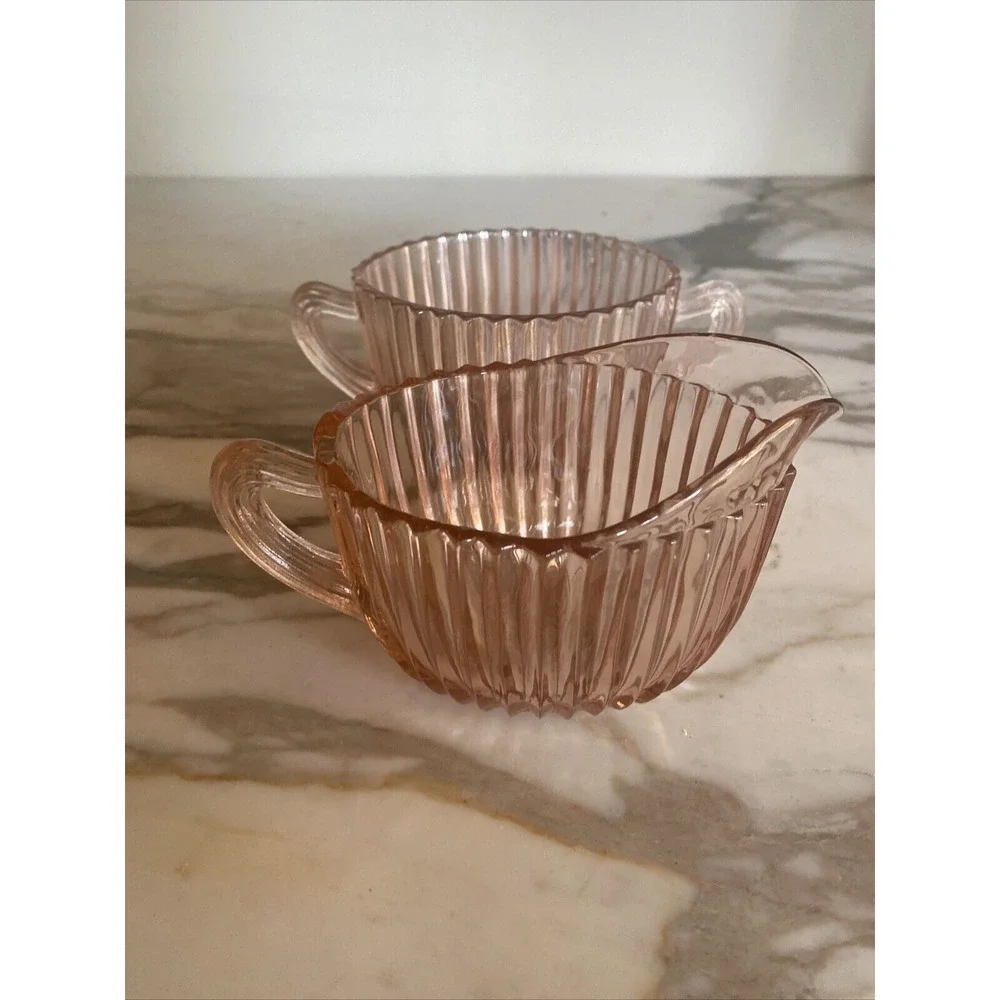 Pink Depression Pressed Glass Sugar Bowl Creamer Art Deco